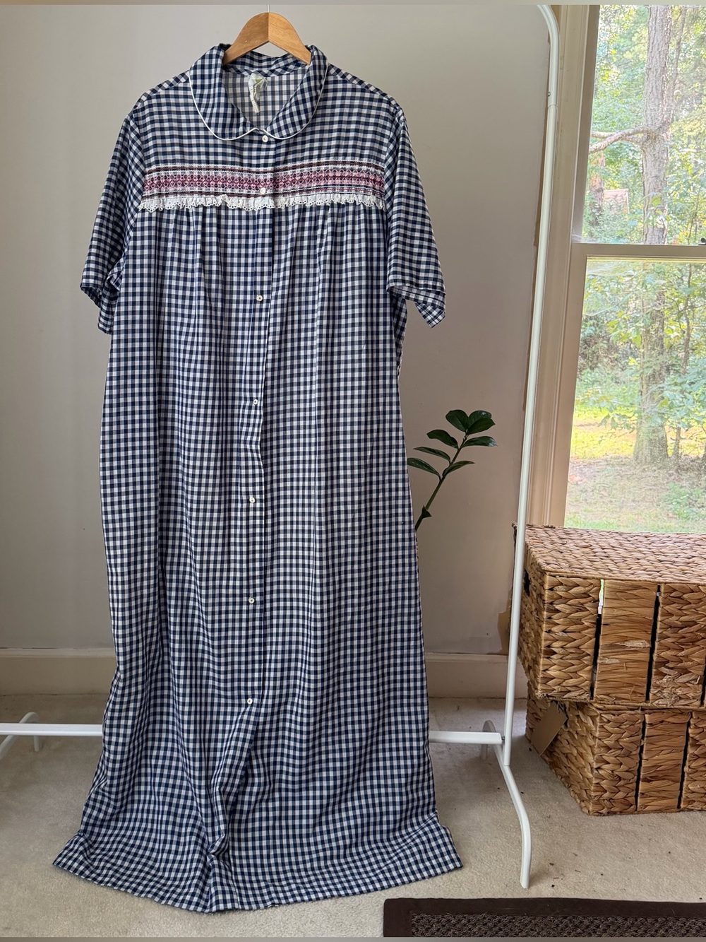 Women's Vintage LANE BRYANT Nightgown House Coat Muu Muu Navy Gingham Smocked 3X